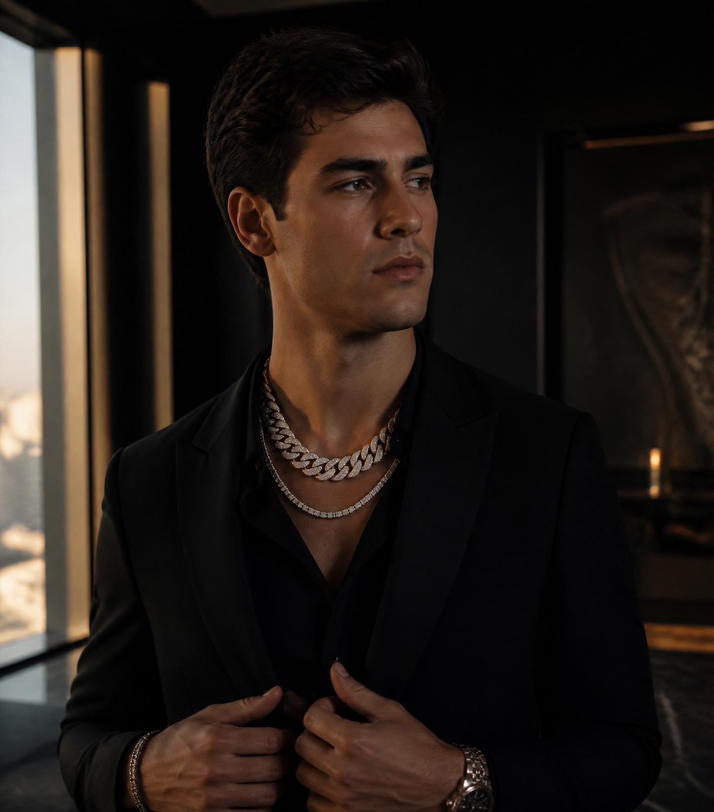 Man in matte black suit wearing iced Cuban chain and tennis chain