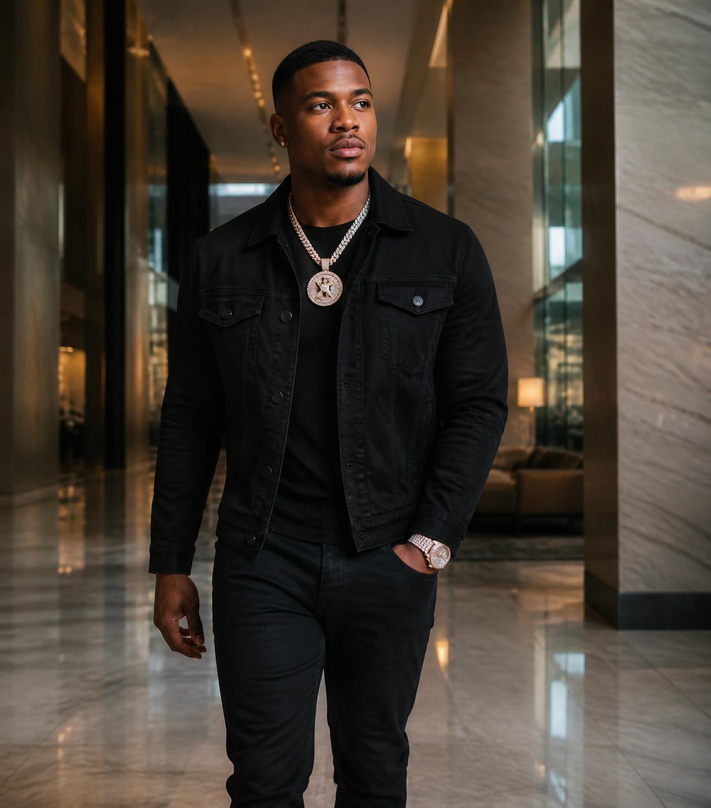 Man in luxury lobby wearing iced pendant and diamond watch